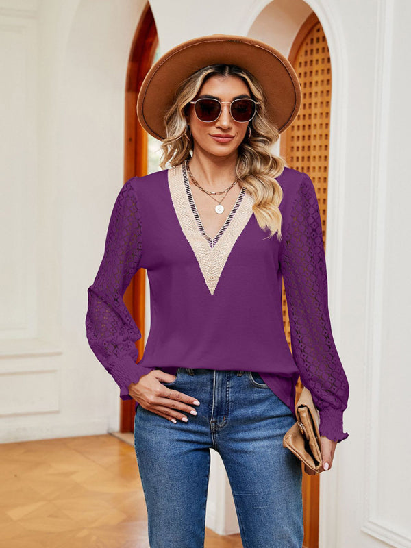 V-neck lace patchwork hollow long-sleeved loose top T-shirt