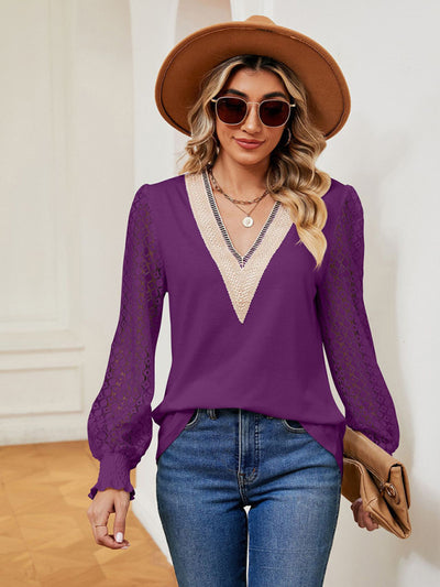 V-neck lace patchwork hollow long-sleeved loose top T-shirt