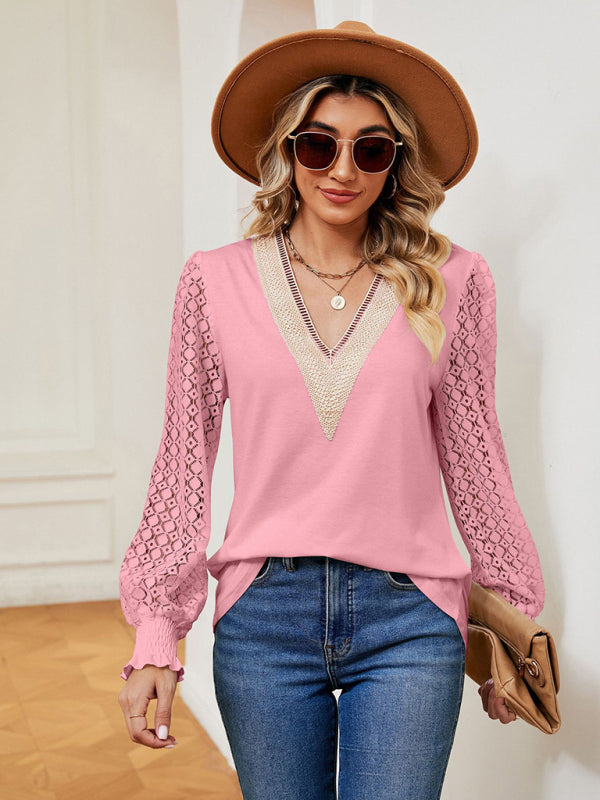 V-neck lace patchwork hollow long-sleeved loose top T-shirt