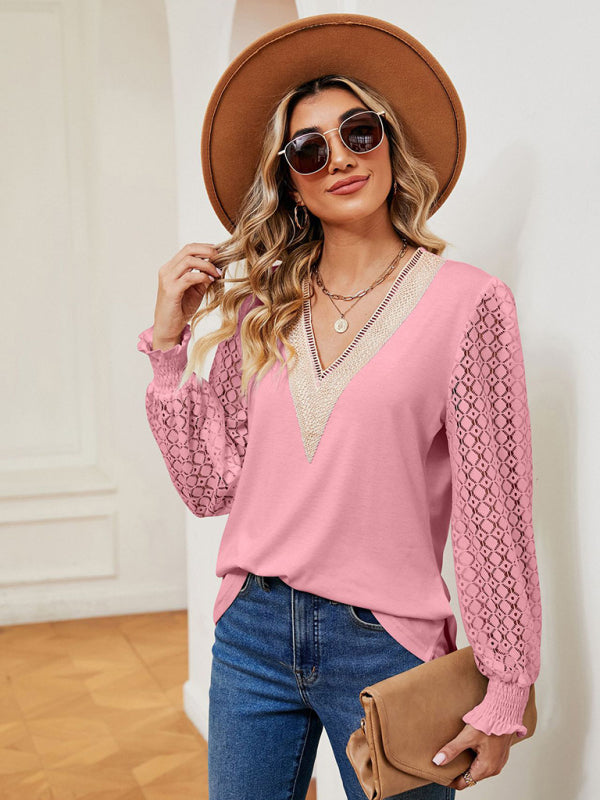 V-neck lace patchwork hollow long-sleeved loose top T-shirt