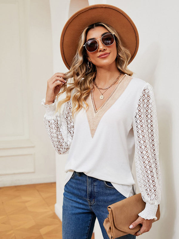 V-neck lace patchwork hollow long-sleeved loose top T-shirt