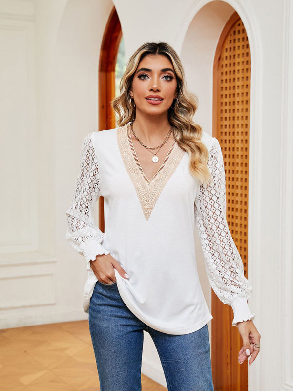 V-neck lace patchwork hollow long-sleeved loose top T-shirt