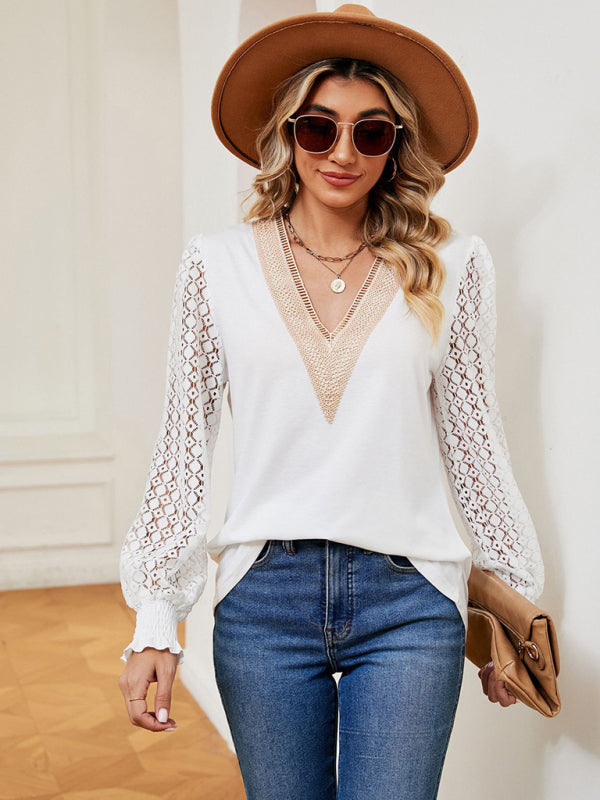 V-neck lace patchwork hollow long-sleeved loose top T-shirt