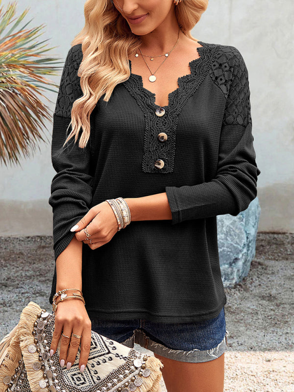 Women's casual lace V-neck buttoned knit top