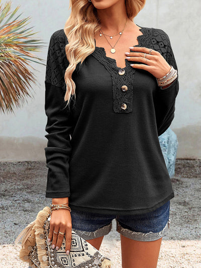 Women's casual lace V-neck buttoned knit top