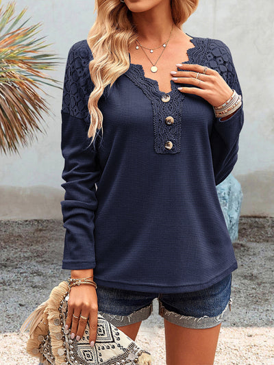 Women's casual lace V-neck buttoned knit top