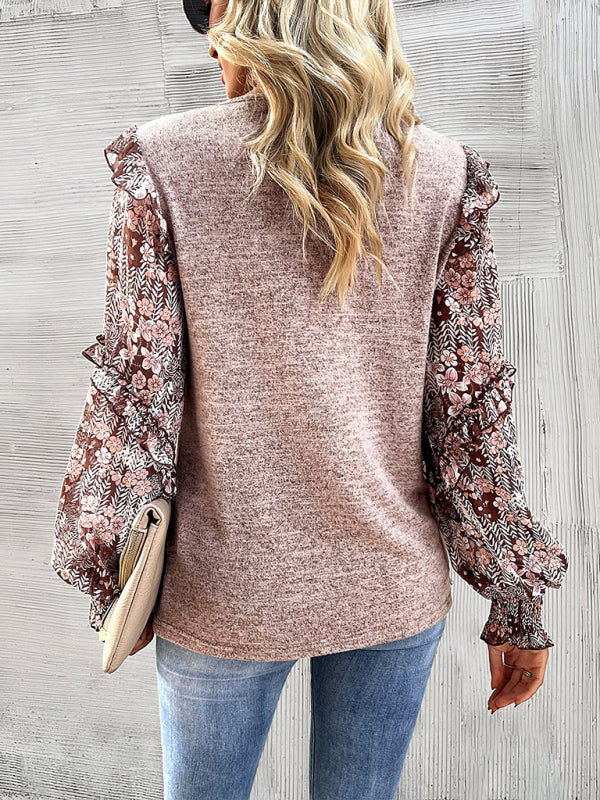 Women's printed sleeve patchwork crew neck shirt