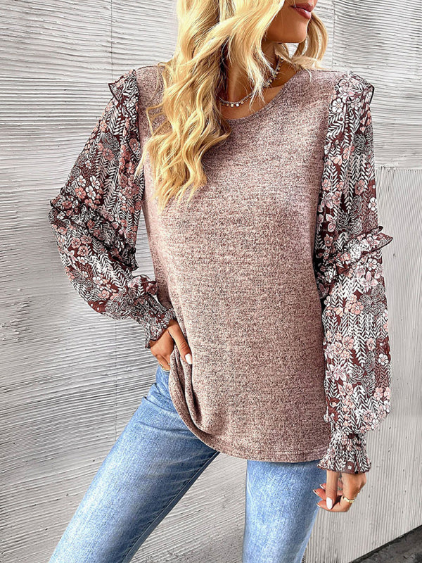 Women's printed sleeve patchwork crew neck shirt