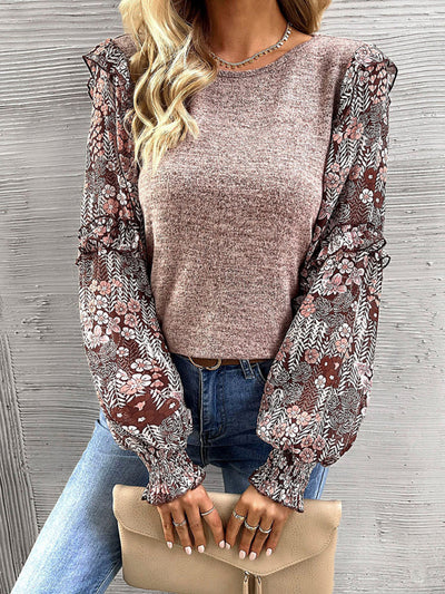 Women's printed sleeve patchwork crew neck shirt