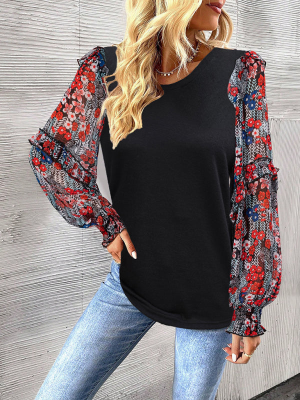 Women's printed sleeve patchwork crew neck shirt