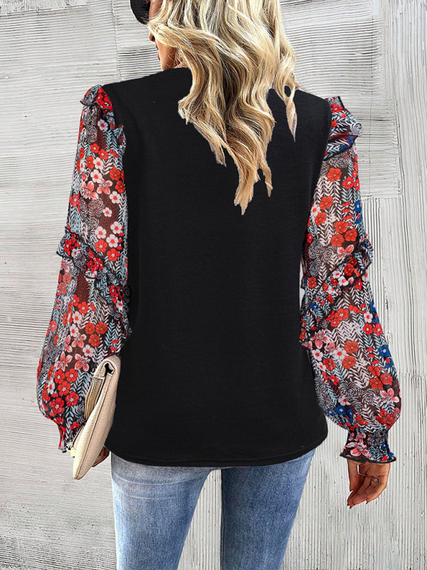 Women's printed sleeve patchwork crew neck shirt