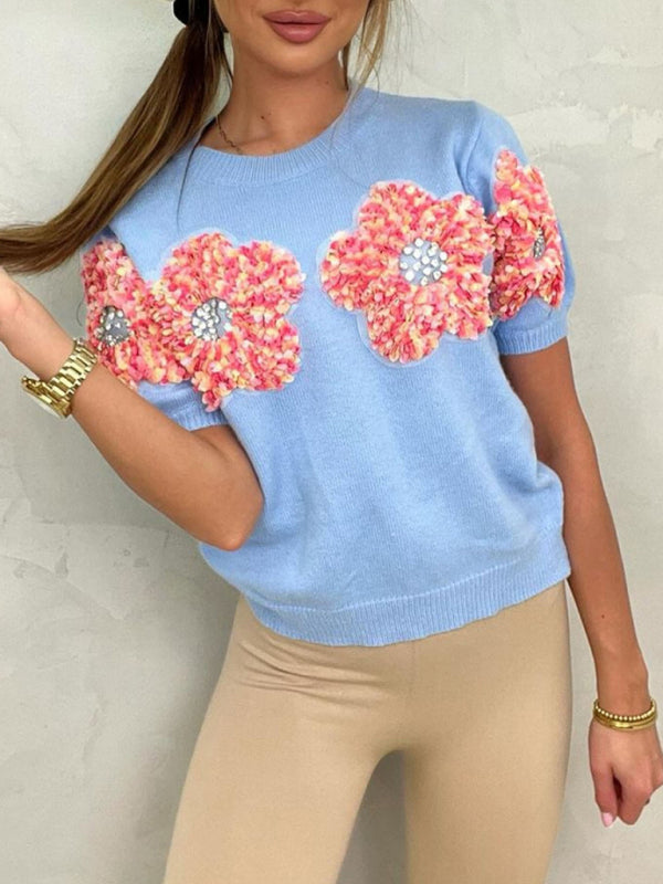 New contrasting flower sweet pink round neck short-sleeved sweater