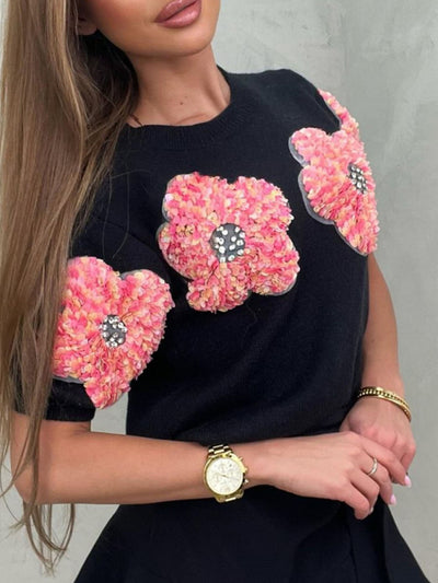 New contrasting flower sweet pink round neck short-sleeved sweater