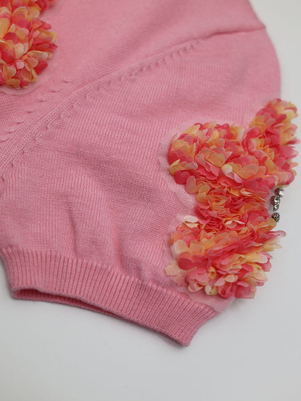 New contrasting flower sweet pink round neck short-sleeved sweater