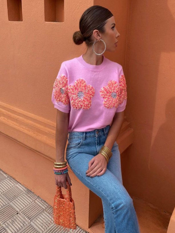 New contrasting flower sweet pink round neck short-sleeved sweater