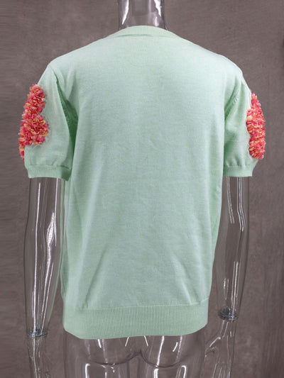 New contrasting flower sweet pink round neck short-sleeved sweater