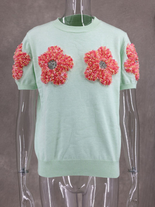 New contrasting flower sweet pink round neck short-sleeved sweater