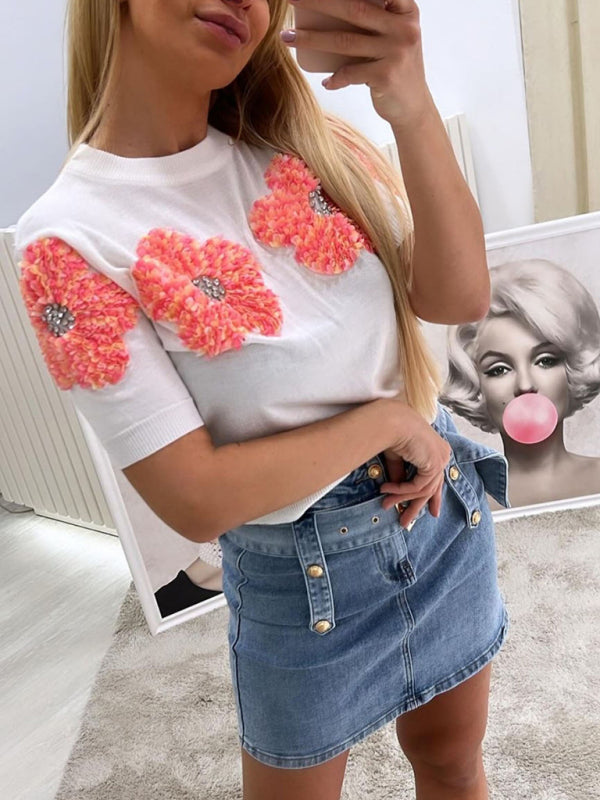 New contrasting flower sweet pink round neck short-sleeved sweater