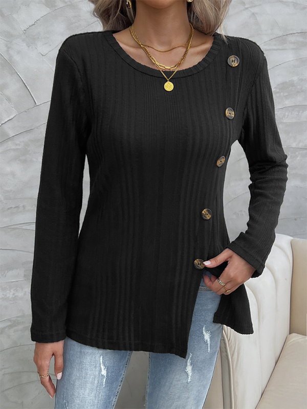 Women's round neck slit button long sleeve top