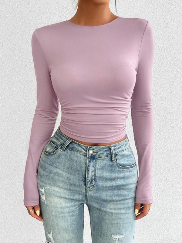 Slim Fit Open Back Crew Neck Knit Long Sleeve Top