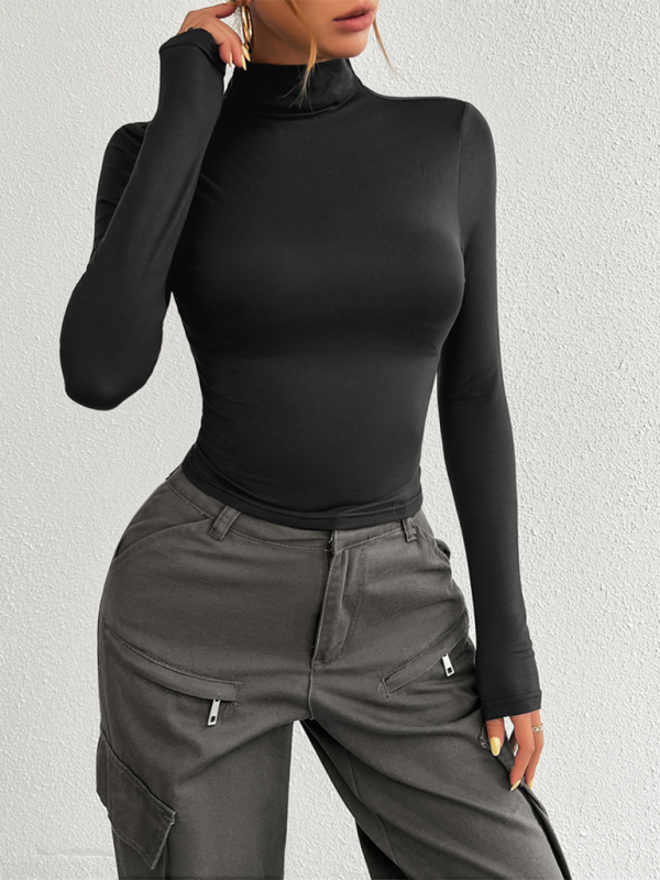 Women's Y2K Slim Fit Solid Color Knitted Bottom Long Sleeve Top