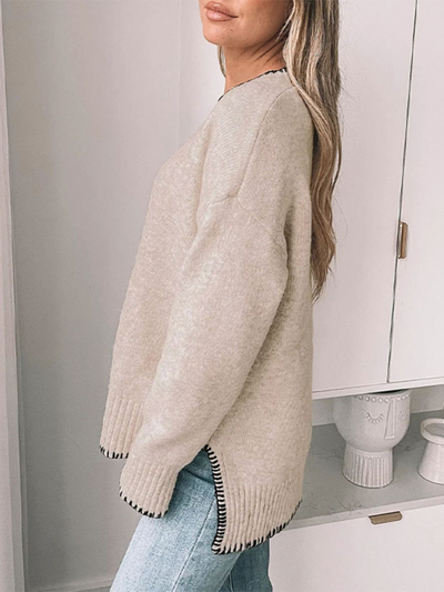 Round neck casual long sleeve sweater solid color all-match split pullover sweater