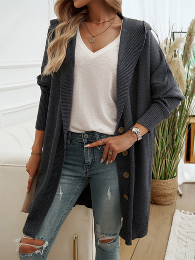 Casual Loose Cardigan Button-Down Hooded Sweater Jacket