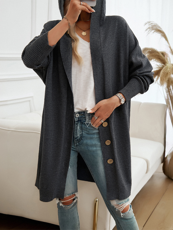 Casual Loose Cardigan Button-Down Hooded Sweater Jacket