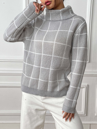 Contrast Plaid Turtleneck Sweater Top