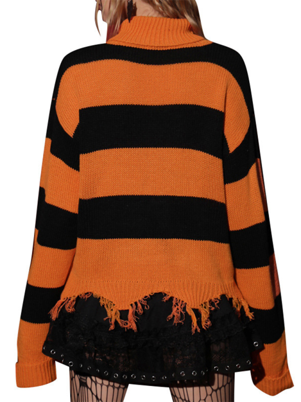 Halloween Bat Embroidery Turtleneck Sweater Loose Retro Clashing Stripe Knit Sweater