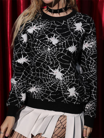 Halloween Black Spider Jacquard Crew Neck Loose Long Sleeve Knit Sweater