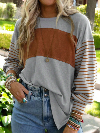 New pullover round neck casual striped color collision long sleeve t-shirt