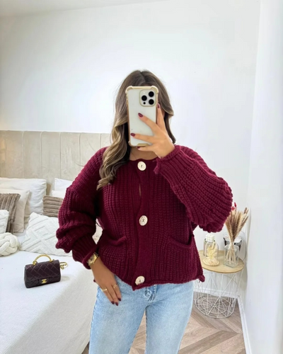 Women's Fashion Chunky Needle Long Sleeve Big Button Sweater