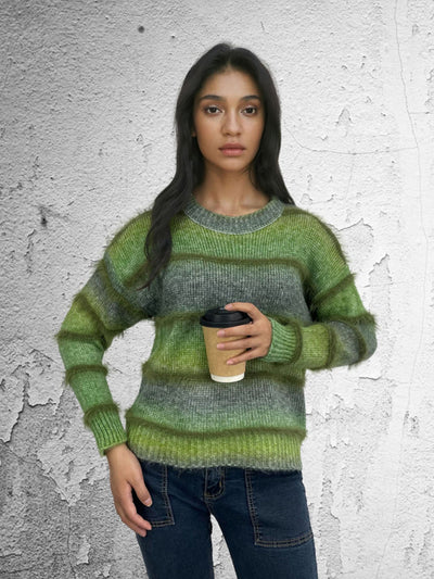 Vintage Rainbow Top Gradient Contrast Stripe Mohair Pullover Knit Sweater