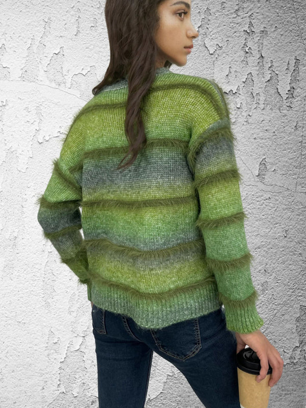 Vintage Rainbow Top Gradient Contrast Stripe Mohair Pullover Knit Sweater