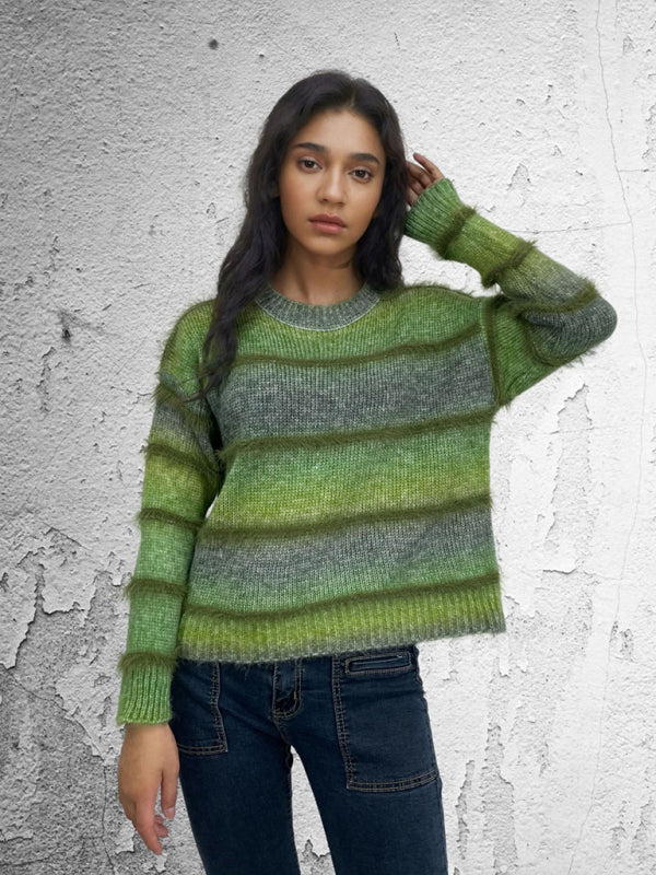 Vintage Rainbow Top Gradient Contrast Stripe Mohair Pullover Knit Sweater