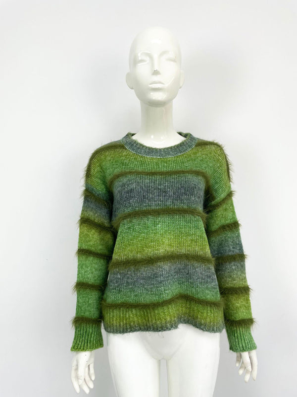 Vintage Rainbow Top Gradient Contrast Stripe Mohair Pullover Knit Sweater