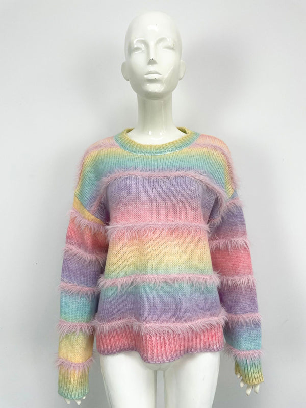 Vintage Rainbow Top Gradient Contrast Stripe Mohair Pullover Knit Sweater