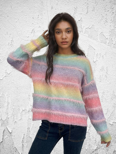 Vintage Rainbow Top Gradient Contrast Stripe Mohair Pullover Knit Sweater