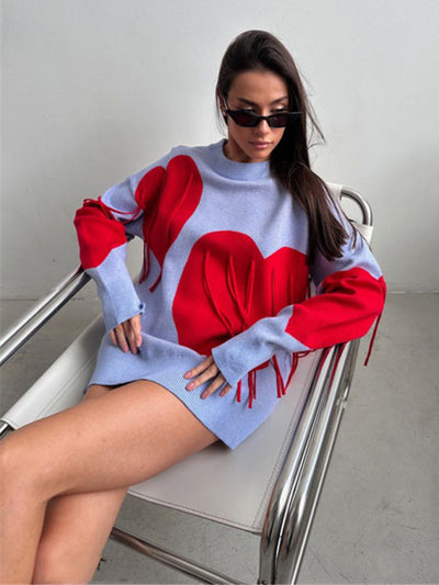 New round neck fashion pullover heart tassel sweater