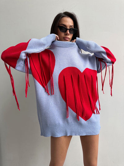 New round neck fashion pullover heart tassel sweater