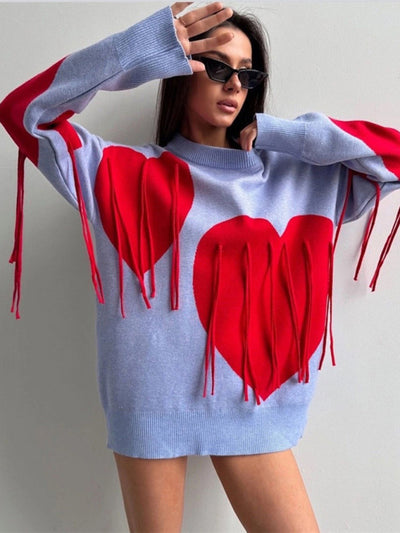 New round neck fashion pullover heart tassel sweater