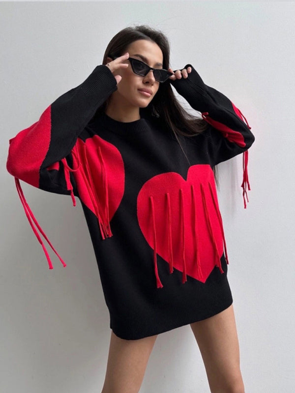 New round neck fashion pullover heart tassel sweater