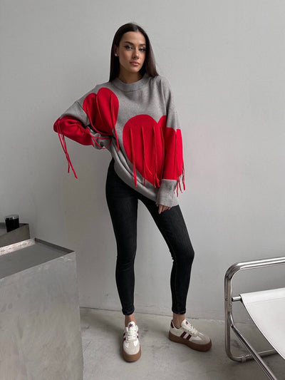 New round neck fashion pullover heart tassel sweater