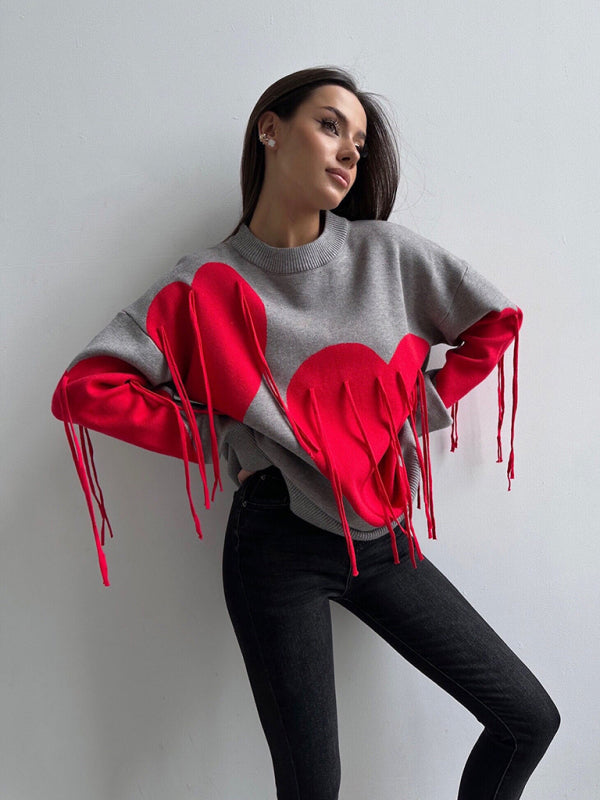 New round neck fashion pullover heart tassel sweater