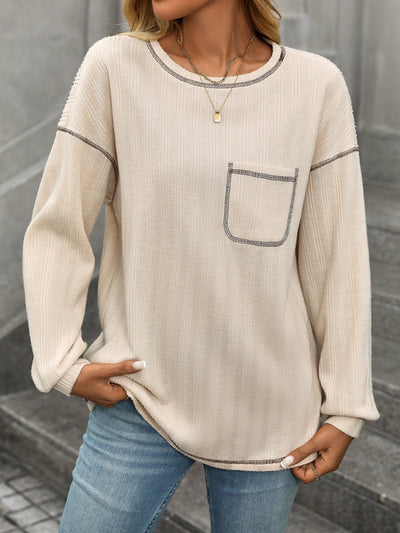 Women's ribbed brushed solid color round neck pocket casual loose T-shirt