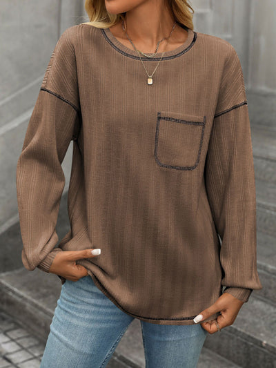 Women's ribbed brushed solid color round neck pocket casual loose T-shirt