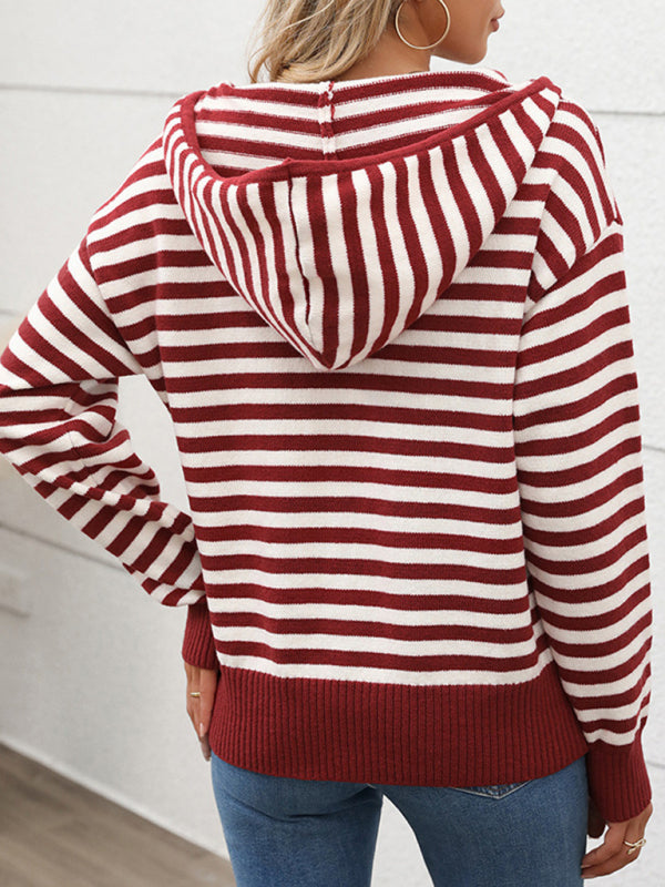 V-neck striped pullover sweater new half-open hooded sweater