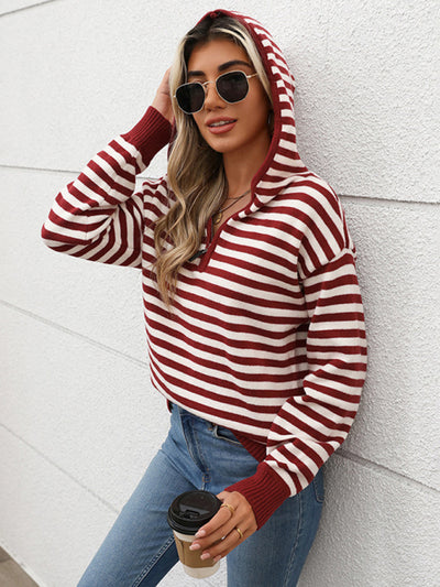 V-neck striped pullover sweater new half-open hooded sweater