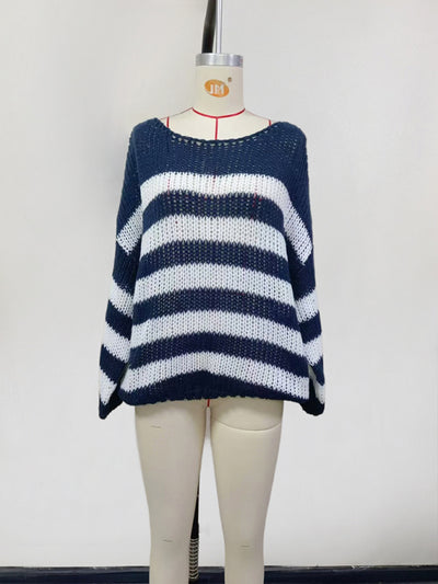 New round neck striped loose lazy versatile long-sleeved knitted sweater